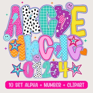 May include: A colorful digital graphic featuring the alphabet, numbers, and various clip art elements. The letters and numbers are in a bold, playful font with patterns like leopard print, polka dots, and checkered designs. The image includes stars, lightning bolts, and smiley faces.