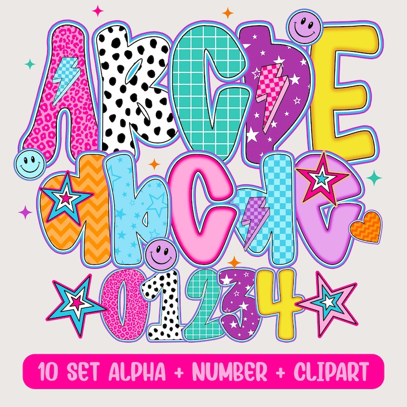 May include: A colorful digital graphic featuring the alphabet, numbers, and various clip art elements. The letters and numbers are in a bold, playful font with patterns like leopard print, polka dots, and checkered designs. The image includes stars, lightning bolts, and smiley faces.
