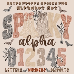 May include: A digital graphic set featuring the text Retro Preppy Spooky PNG Alphabet Set, letters spelling SPOOKY, numbers 0-5, and the word alpha. The design includes line-art ghosts with bows, spiderwebs, spiders, and bats in brown tones.