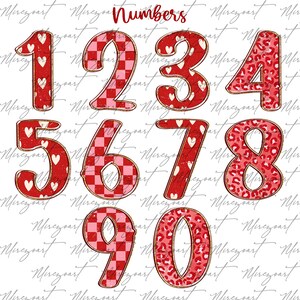 May include: A collection of numbers 0-9 in a variety of patterns. The numbers are red with gold trim. Some numbers have white hearts, a checkered pattern, or a leopard print. The word "Numbers" is written in red script at the top.