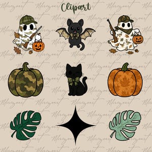 May include: A collection of Halloween-themed clipart featuring a ghost with a rifle and pumpkin, a bat, a black cat, pumpkins, and tropical leaves. The clipart has a camouflage and autumn leaf pattern.