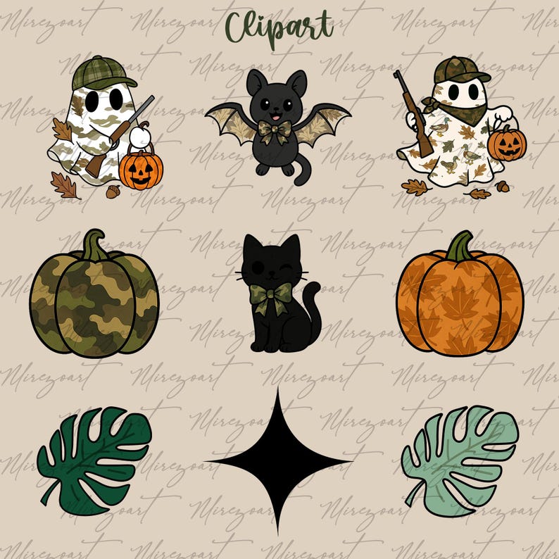 May include: A collection of Halloween-themed clipart featuring a ghost with a rifle and pumpkin, a bat, a black cat, pumpkins, and tropical leaves. The clipart has a camouflage and autumn leaf pattern.
