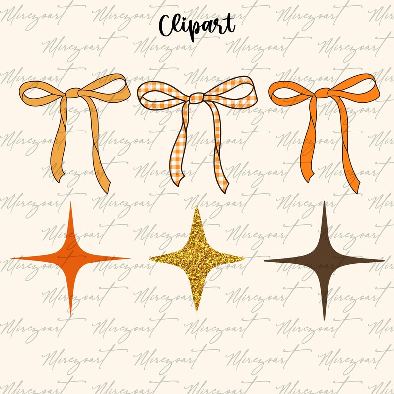 May include: A collection of fall-themed clipart elements. Includes three orange bows, one with a gingham pattern, and three starburst shapes in orange, gold glitter, and brown. The word "Clipart" is at the top.