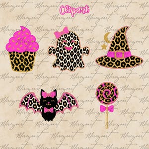 May include: A collection of Halloween-themed clipart featuring a cupcake, ghost, witch's hat, bat, and lollipop. Each design incorporates a leopard print pattern with pink and gold accents. The word "Clipart" is written at the top.