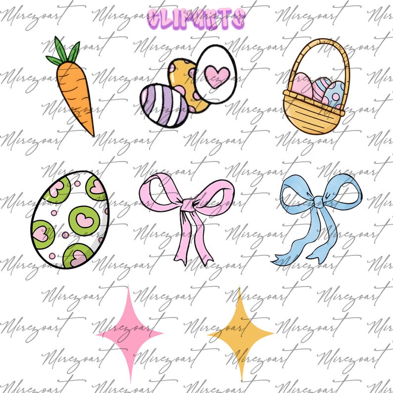 May include: A collection of Easter-themed clip art elements. Includes a carrot, decorated eggs, a basket of eggs, bows, and starburst shapes. The eggs feature patterns and heart designs. The clip art is in a cartoon style.