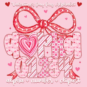 May include: A Valentine's Day-themed digital design featuring a red bow, hearts, and the words "Valentine's Day Png Alphabet." The design includes the letters A, L, P, H, A, and numbers 0, 1, 2, 3, 4, with decorative patterns.