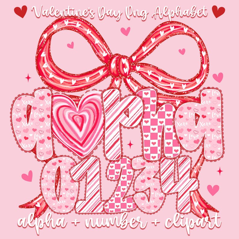 May include: A Valentine's Day-themed digital design featuring a red bow, hearts, and the words "Valentine's Day Png Alphabet." The design includes the letters A, L, P, H, A, and numbers 0, 1, 2, 3, 4, with decorative patterns.