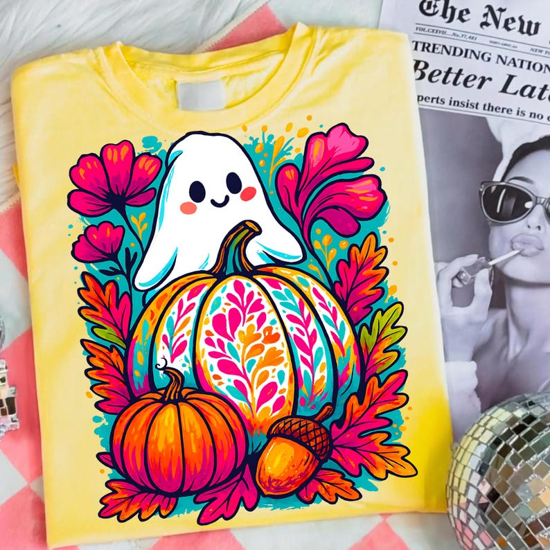 May include: Yellow t-shirt featuring a Halloween-themed graphic. The design includes a smiling white ghost, a large pumpkin with colorful floral patterns, a smaller orange pumpkin, and an acorn. The shirt is a perfect choice for the fall season.