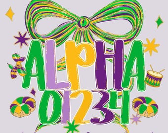 Mardi Gras Coquette Alphabet PNG with Numbers and Clipart Letters in Purple Green Gold for Sublimation Cricut Crafts and Decor