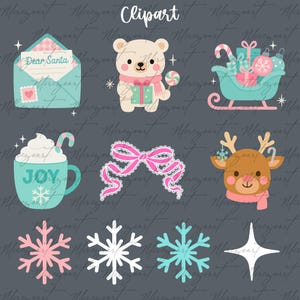 Pu&ograve; includere: Una collezione di illustrazioni clipart a tema natalizio. Include una lettera a Babbo Natale, un orso polare con un regalo e caramelle, una slitta con regali, una tazza di cioccolata calda, un fiocco rosa, una renna, fiocchi di neve e stelle.