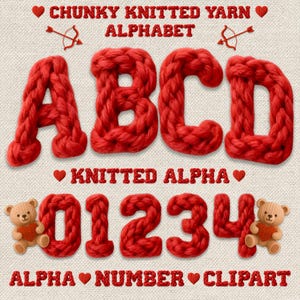 May include: Red chunky knitted yarn alphabet letters A, B, C, and D, and numbers 0, 1, 2, 3, and 4. The letters and numbers are on a light beige background. The words "CHUNKY KNITTED YARN ALPHABET", "KNITTED ALPHA", "ALPHA NUMBER CLIPART" are also in the image.