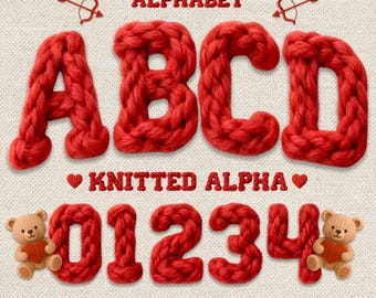 Chunky Knitted Yarn Font PNG Red Alphabet Numbers Clipart Bundle for Valentine's Day Crafts Sublimation Design