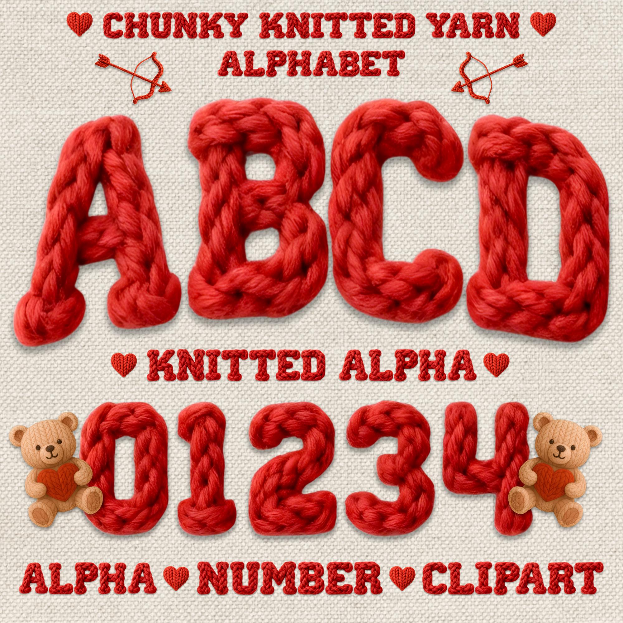 Chunky Script Numbers Chunky Knitted Yarn Font PNG Red Alphabet Numbers Clipart Bundle for ...