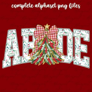 May include: A red background with the word "ABODE" in white block letters. The letters are decorated with a green and white floral pattern. A Christmas tree with a red and white checkered bow is in the center.