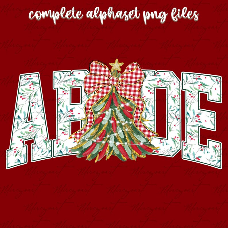 May include: A red background with the word "ABODE" in white block letters. The letters are decorated with a green and white floral pattern. A Christmas tree with a red and white checkered bow is in the center.