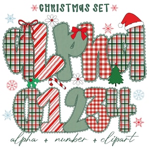 May include: A Christmas-themed graphic with letters, numbers, and clipart. The letters are in red and green plaid, striped, and solid green. The numbers are in red and green plaid and striped. The text "CHRISTMAS SET" is at the top.