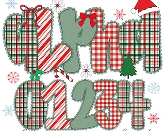 Pacote de fontes PNG do alfabeto de Natal Coquette com letras xadrez de renda, números e clipart fofo de inverno para sublimação e artesanato