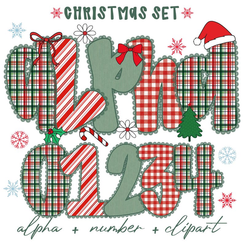 May include: A Christmas-themed graphic with letters, numbers, and clipart. The letters are in red and green plaid, striped, and solid green. The numbers are in red and green plaid and striped. The text "CHRISTMAS SET" is at the top.