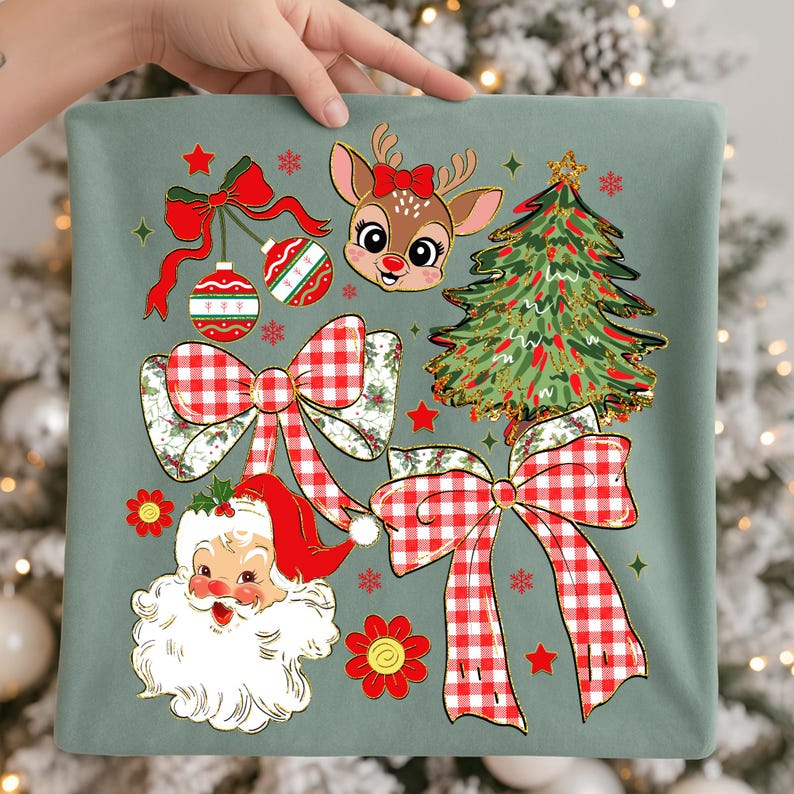 May include: A sage green cushion cover with Christmas illustrations. The design features a reindeer with a red bow, a decorated Christmas tree, Santa Claus, red and white checkered bows, baubles, and snowflakes.