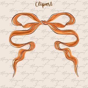 May include: An orange ribbon bow illustration with a brown outline. The word "Clipart" is at the top. The background has a repeating pattern of cursive text. The bow has long, flowing tails.