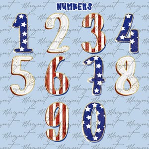 May include: A set of numbers from zero to nine, featuring a patriotic theme. The numbers are decorated with red, white, and blue, incorporating stars and stripes. The word "NUMBERS" is at the top. The background is a light blue with script.