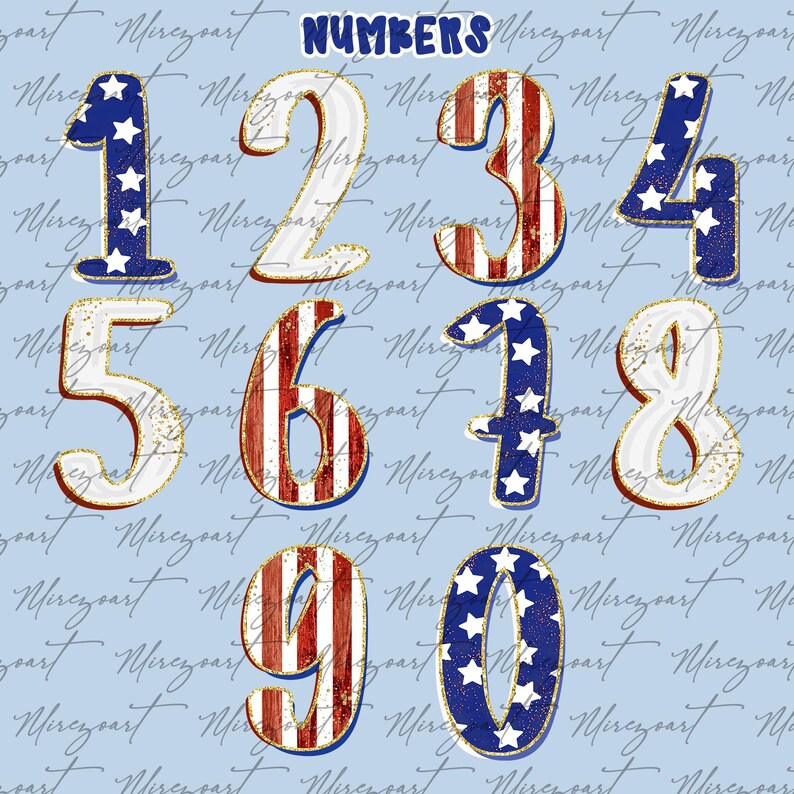 May include: A set of numbers from zero to nine, featuring a patriotic theme. The numbers are decorated with red, white, and blue, incorporating stars and stripes. The word "NUMBERS" is at the top. The background is a light blue with script.