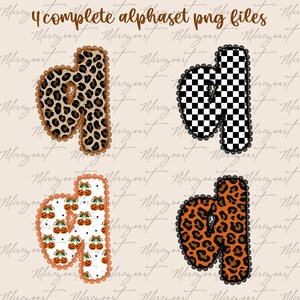 May include: Four complete alphabet PNG files showcase the lowercase letter "d" in various designs. These include leopard print, a black and white checkerboard pattern, cherries with jack-o'-lantern faces, and orange leopard print, all with a decorative border.