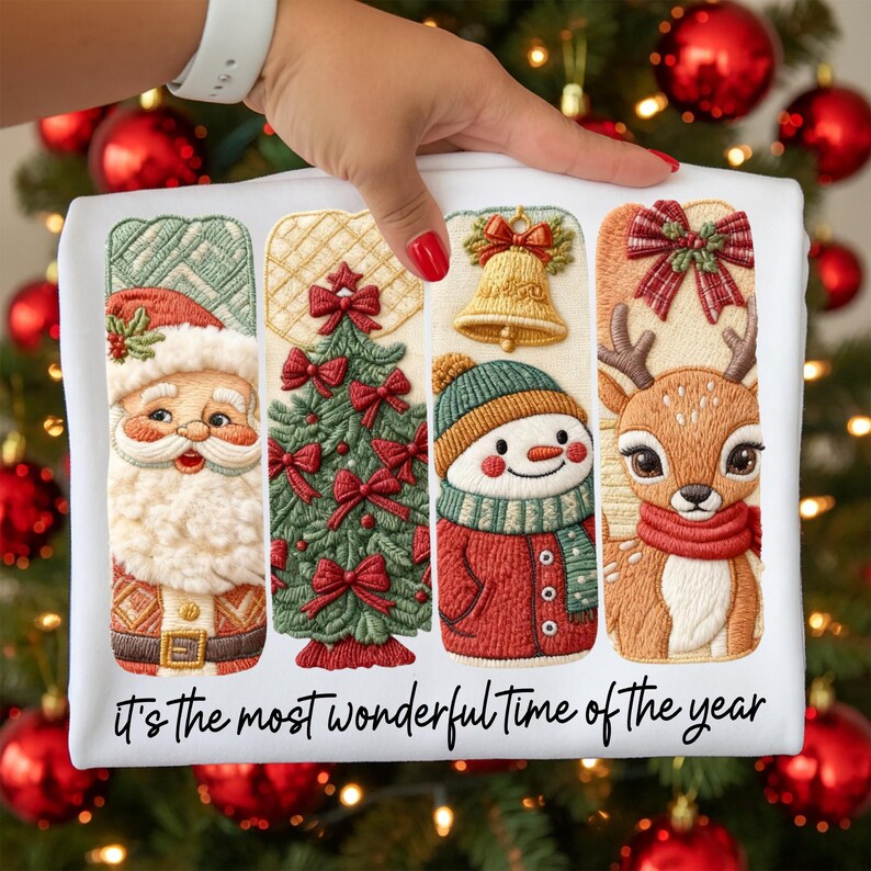 May include: White Christmas-themed fabric featuring embroidered images of Santa Claus, a Christmas tree, a snowman, and a reindeer. The text "It's the most wonderful time of the year" is printed at the bottom.