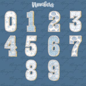 May include: A set of decorative numbers from 0 to 9, each with a unique design. The numbers are in a light blue and white colour scheme, featuring seashell and starfish patterns. The numbers are outlined in gold and have a pearl-like border. The word "Numbers" is at the top.