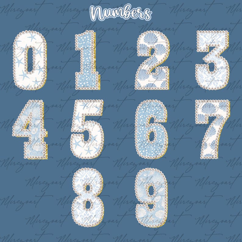 May include: A set of decorative numbers from 0 to 9, each with a unique design. The numbers are in a light blue and white colour scheme, featuring seashell and starfish patterns. The numbers are outlined in gold and have a pearl-like border. The word "Numbers" is at the top.