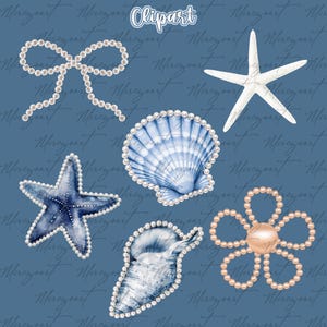 May include: Nautical-themed clipart on a blue background. Features a pearl bow, starfish, seashells, and a pearl flower. The word "Clipart" is at the top. The elements are decorated with pearls.