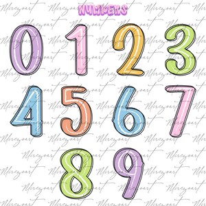 May include: A colorful digital illustration of the numbers 0 through 9. Each number is outlined in black with a pastel color fill and a white stripe. The word "NUMBERS" is at the top in a purple bubble font.