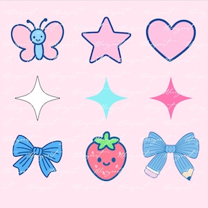 May include: Nine cartoon illustrations on a pink background. The illustrations include a pink butterfly, star, and heart, along with a white star, a turquoise star, and a pink star. Also included are a blue bow, a smiling strawberry, and a bow made of a pencil.