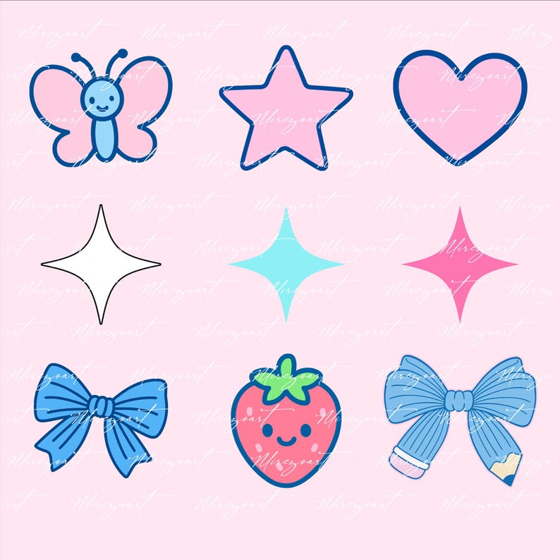 May include: Nine cartoon illustrations on a pink background. The illustrations include a pink butterfly, star, and heart, along with a white star, a turquoise star, and a pink star. Also included are a blue bow, a smiling strawberry, and a bow made of a pencil.