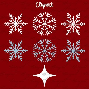 May include: A collection of six snowflake designs in white and light blue, set against a deep red background. The word "Clipart" is written in cursive at the top. A white star shape is at the bottom.