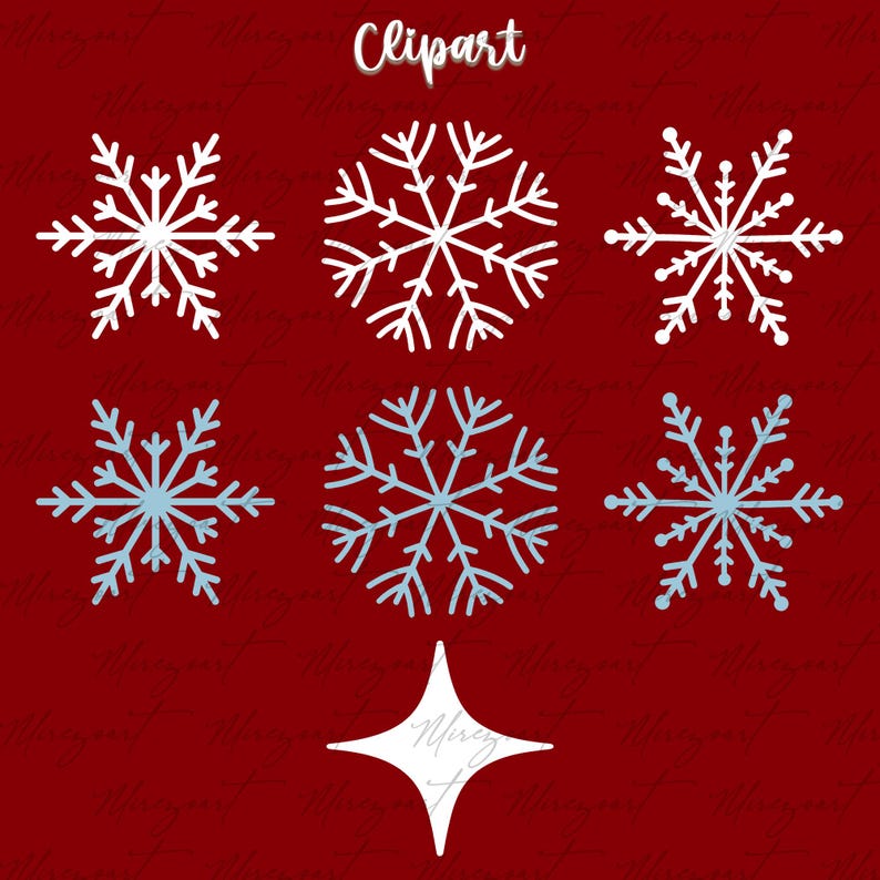 May include: A collection of six snowflake designs in white and light blue, set against a deep red background. The word "Clipart" is written in cursive at the top. A white star shape is at the bottom.