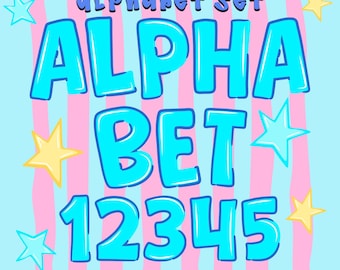 Coastal Preppy Stripes Alphabet PNG Bundle Blue Aesthetic Letters Numbers Light Pink Stripe Clipart Set Preppy Sublimation DTF