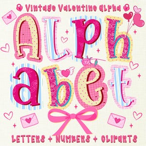 Paquete de fuentes PNG con el alfabeto romántico de San Valentín, números e imágenes prediseñadas de amor rosa para tarjetas de sublimación y proyectos de manualidades.