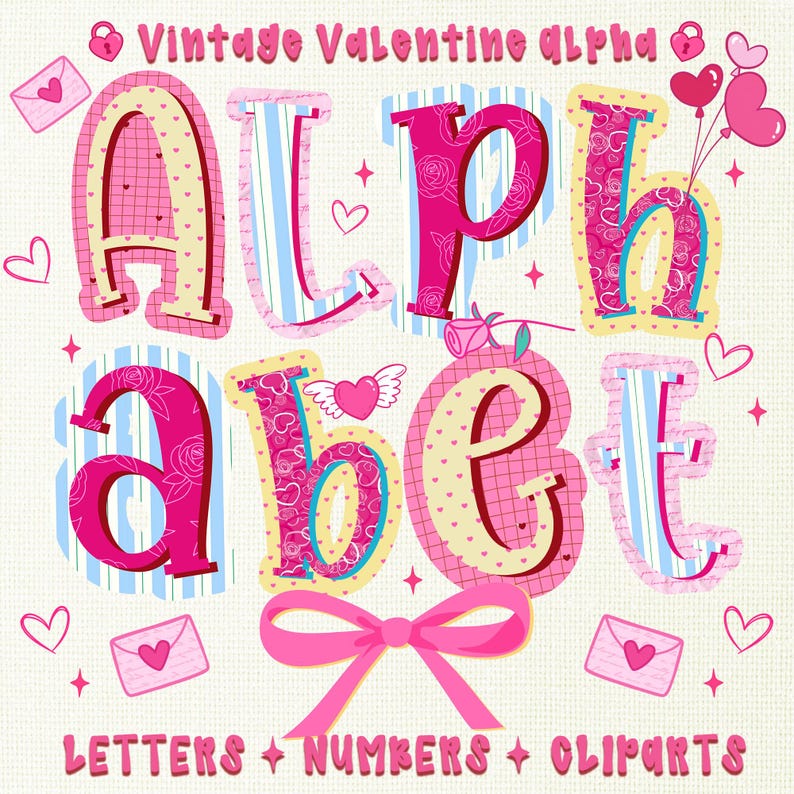 Romantic Valentine Alphabet PNG Font Bundle with Numbers and Pink Love Cliparts for Sublimation Cards and Craft Projects image 1