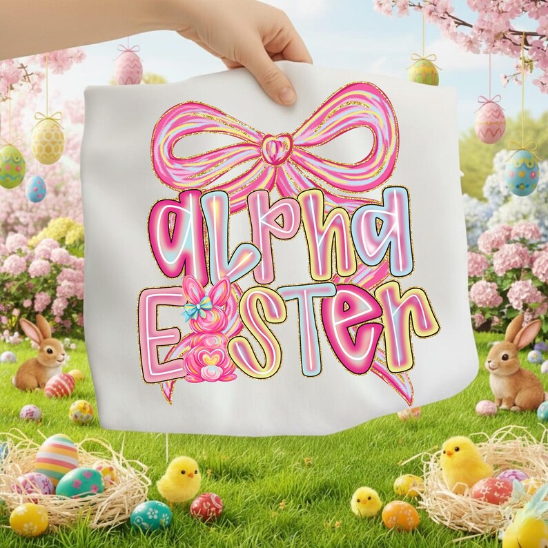 May include: A white t-shirt with the words "Alpha Easter" in a colorful, outlined font. The design includes a large pink bow and a pink bunny with a blue bow. The shirt is held up in front of a spring-themed background with Easter eggs and bunnies.