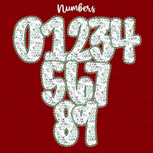 May include: Decorative numbers 0 through 9, each with a white background and a pattern of green leaves and red berries. The numbers are outlined with a scalloped edge and set against a red background. The word "Numbers" is at the top.