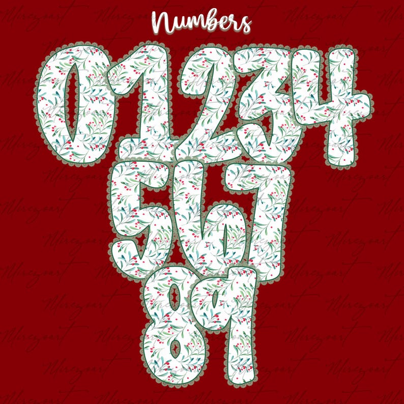 May include: Decorative numbers 0 through 9, each with a white background and a pattern of green leaves and red berries. The numbers are outlined with a scalloped edge and set against a red background. The word "Numbers" is at the top.