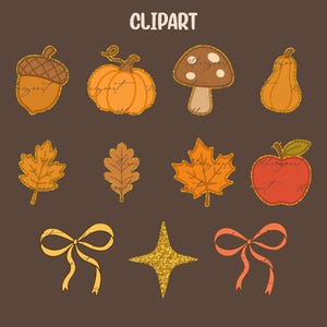 May include: A collection of fall-themed clipart elements on a brown background. The illustrations include an acorn, pumpkin, mushroom, pear, leaves, apple, bows, and a star, all with gold glitter accents. The word "CLIPART" is at the top.