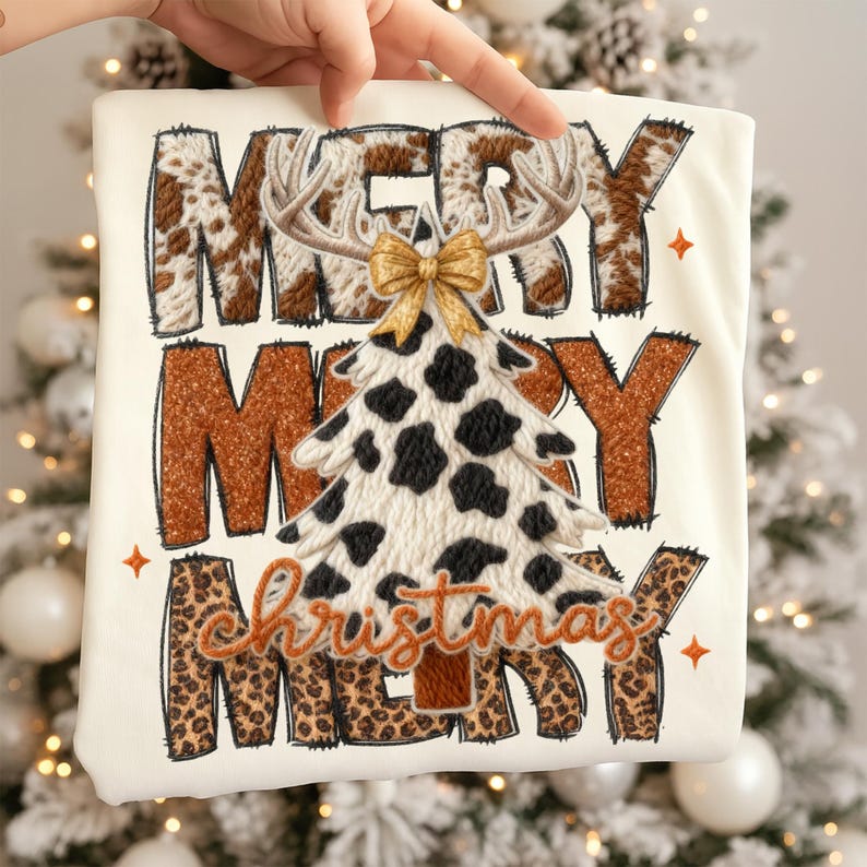 May include: Cream-colored t-shirt with a Christmas-themed design. The design features the words "MERRY CHRISTMAS MERRY" in a mix of brown cowhide, leopard print, and glittery textures. A cow-print Christmas tree and antlers are central.