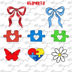 May include: A selection of colourful clip art elements, including bows, puzzle pieces with heart cutouts, a butterfly, a heart-shaped puzzle, and a daisy. The word "CLIPARTS" is written in red at the top.