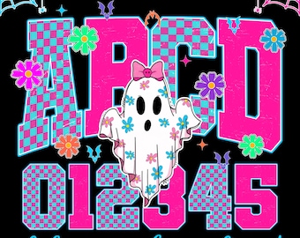 Neon Halloween Alphabet PNG Set, Cute Preppy Ghost Letters Numbers Clipart, Pastel Spooky Font for Sublimation Cricut Procreate