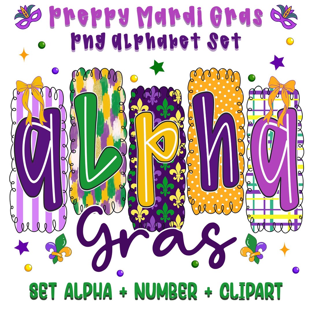 Preppy Mardi Gras Alphabet PNG Bundle Purple Green Yellow Clipart Set ...