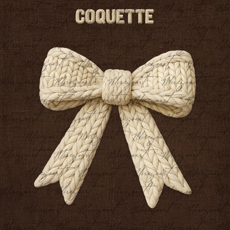 May include: A cream-colored, knitted bow with the word "COQUETTE" in relief lettering. The bow is centered on a dark brown textured background with faint script writing. The bow's texture and design suggest a handmade or artisanal craft.