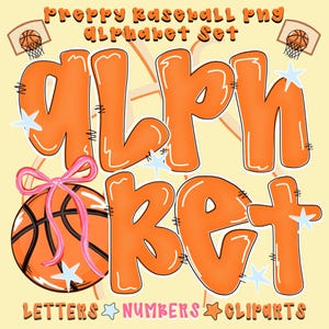 May include: Orange "ALPHABET" text with white outlines and black stitching, a basketball with a pink bow, and basketball hoops. The text "LETTERS NUMBERS CLIPARTS" is also present. The background is a light yellow color.