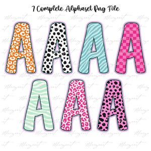 May include: Seven colorful letter "A" designs with various patterns, including leopard print, polka dots, and zebra stripes. Each letter is outlined in a contrasting color and the text "7 Complete Alphabet PNG File" is at the top.
